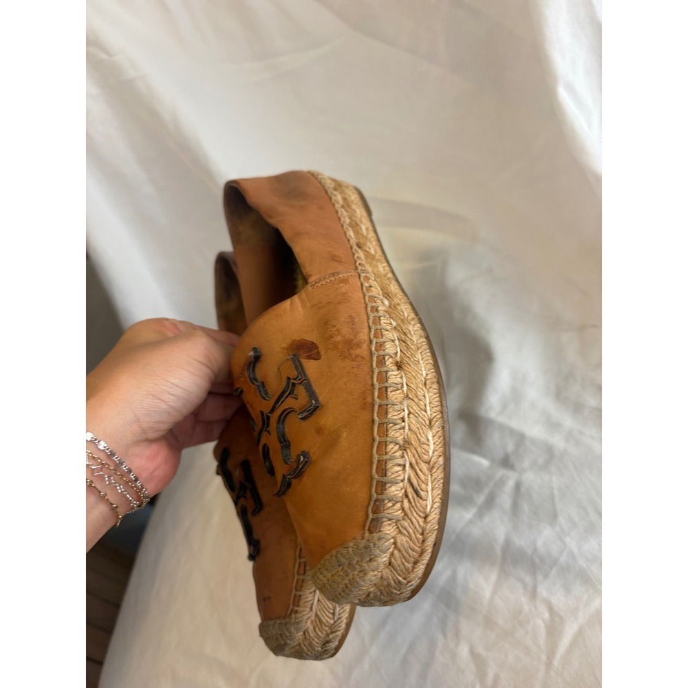 Tory Burch Ines Tan Leather Espadrille Flats Raised Logo 6.5M 12423 123 - Picture 2 of 6